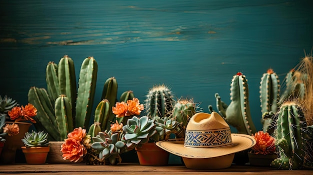 Cinco de Mayo background with hat ornaments and cactus plants for banners or posters