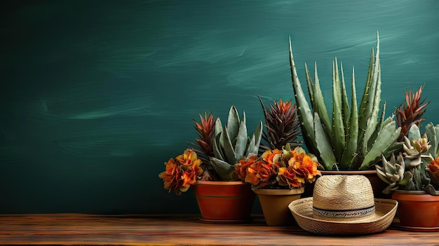 Cinco de Mayo background with hat ornaments and cactus plants for banners or posters