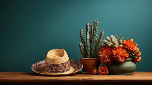 Cinco de Mayo background with hat ornaments and cactus plants for banners or posters