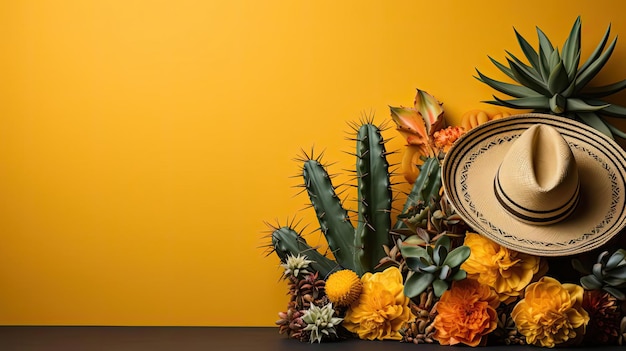 Cinco de Mayo banner background concept with sombrero hat ornament cactus and flowers