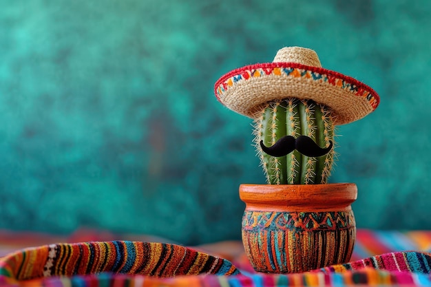 Photo cinco de mayo cactus wearing somberero hat and a fake mustache on a colorful striped cloth