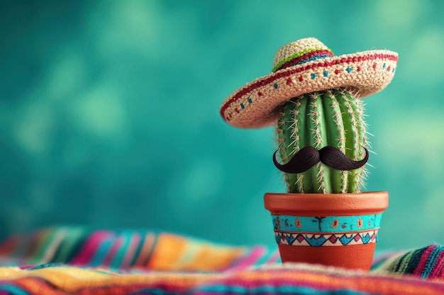 Cinco de mayo cactus wearing somberero hat and a fake mustache on a colorful striped cloth