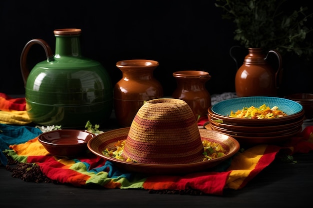 Cinco de Mayo a collection of pottery including a straw hat and bowls with a bowl of pasta