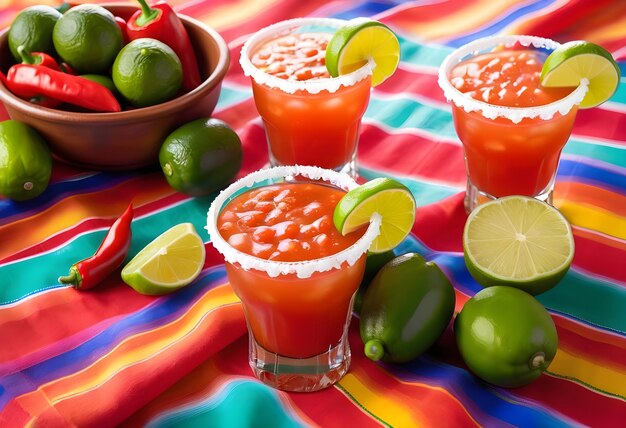 Cinco de Mayo Concept Margaritas and Salsa on a colorful table cloth with limes and peppers