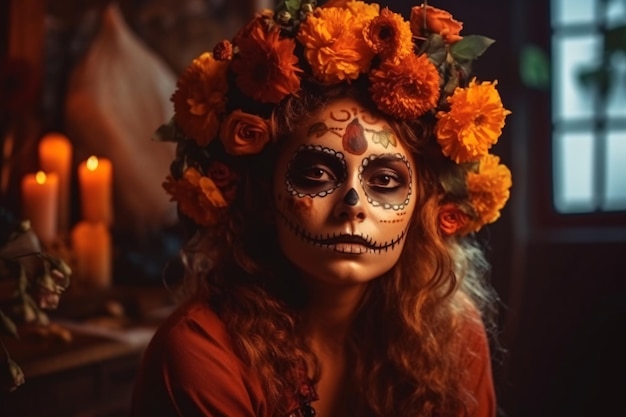 Cinco de Mayo and Dia de los muertos Holiday of the dead Mexican Halloween Sugar skull make up and flowers Beautiful woman Generative AI