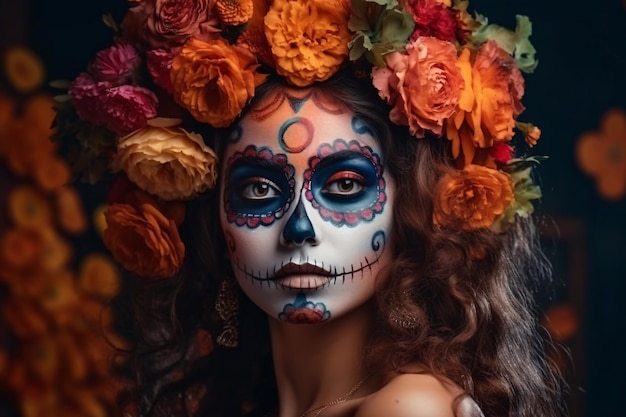 Cinco de Mayo and Dia de los muertos Holiday of the dead Mexican Halloween Sugar skull make up and flowers Beautiful woman Generative AI