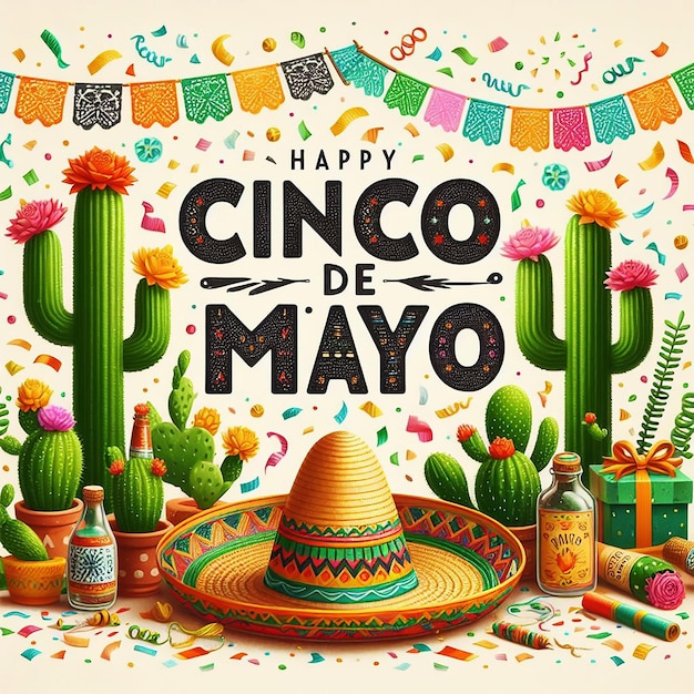 Cinco de Mayo festive celebration background with cactus