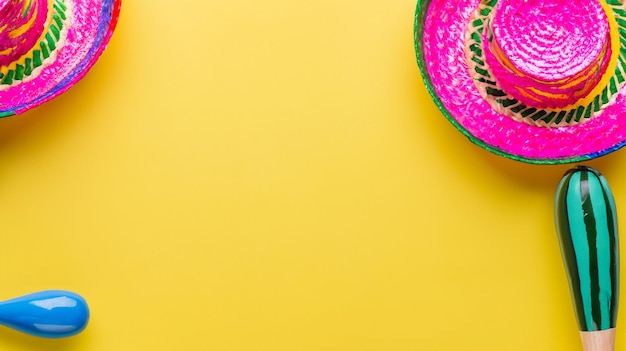 Cinco de mayo holiday background maracas cactus and hat on yellow background