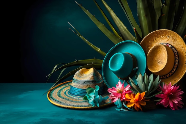 Cinco de Mayo holiday background Mexican blooming cactus and party sombrero hat Generative AI illustration