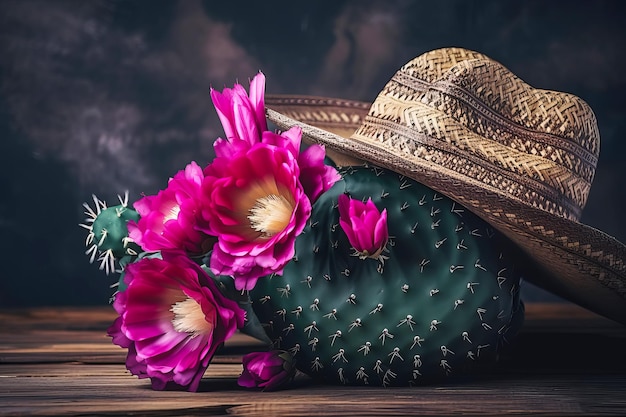 Cinco de Mayo holiday background Mexican cactus with blooming flowers and party sombrero hat Generative AI illustration