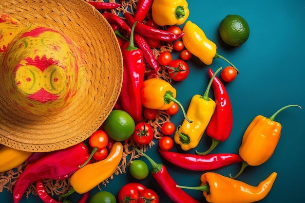 Cinco de Mayo holiday background Mexican sombrero hat and hot peppers on teal green background Generative AI illustration