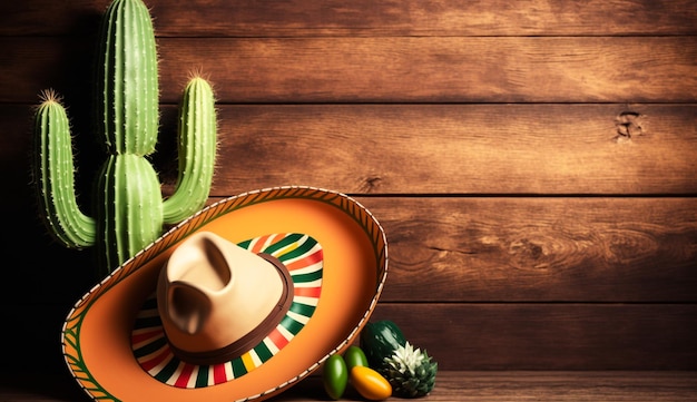 Cinco de Mayo holiday background with Mexican cactus and sombrero hat on wooden table