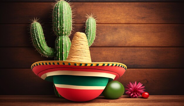 Cinco de Mayo holiday background with Mexican cactus and sombrero hat on wooden table