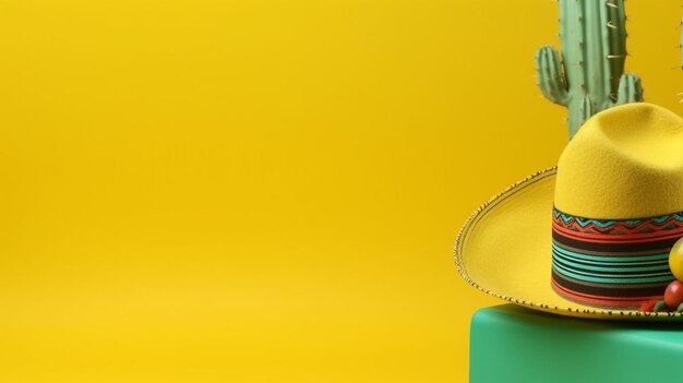 Cinco de Mayo holiday background with Mexican cactus and sombrero hat on wooden table