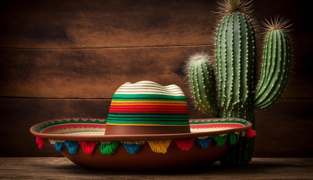 Cinco de Mayo holiday background with Mexican cactus and sombrero hat on wooden table