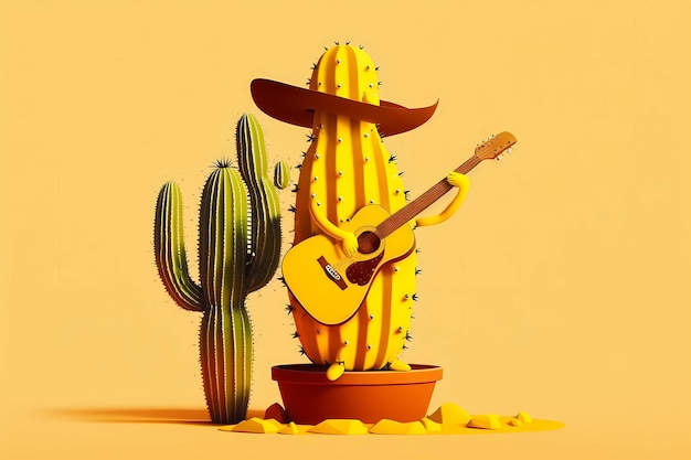 Cinco de Mayo Mexican cactus in sombrero playing guitar Yellow background