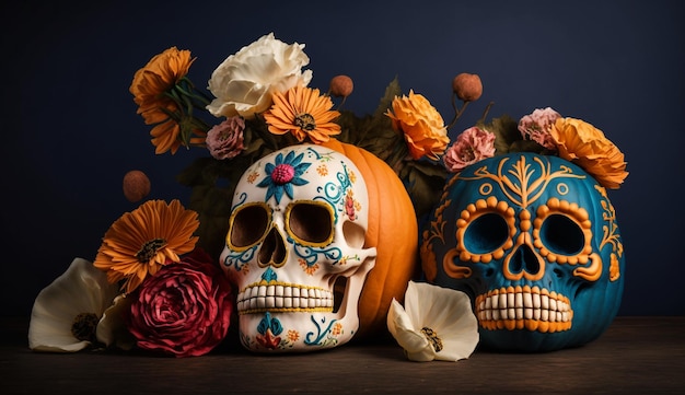 Cinco de Mayo Pumpkins with painted skulls and flowers