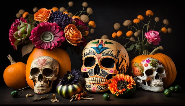 Cinco de Mayo Pumpkins with painted skulls and flowers