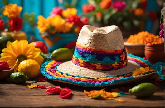 Cinco de Mayo sombrero rests on a table next to a bowl of green limes