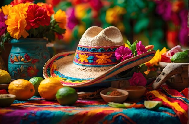 Cinco de Mayo sombrero rests on a table next to a bowl of green limes