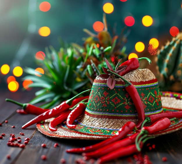 Cinco de mayo A sombrero with vibrant colors surrounded by cacti and red peppers