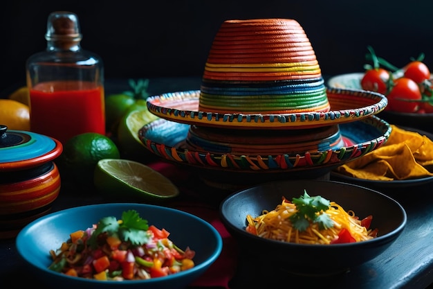 Cinco de Mayo a table with bowls of food and a bottle of drink