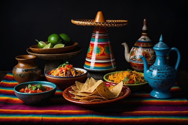 Cinco de Mayo a table with bowls of food and a pot of food and a pot of food