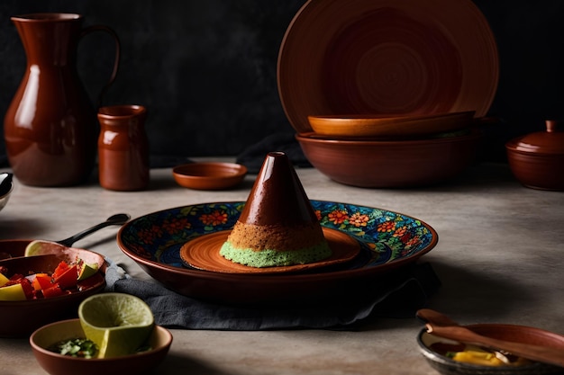 Cinco de Mayo a table with a plate with a cone on it and a plate with a bowl on it