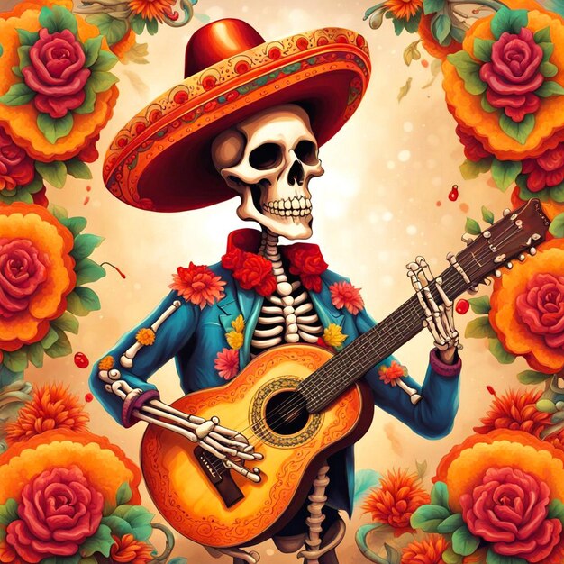 Cinco de mayo with guitar playing skeleton Mexican party Mexico Latin fiesta decorative invitation