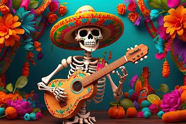 Cinco de mayo with guitar playing skeleton Mexican party Mexico Latin fiesta decorative invitation