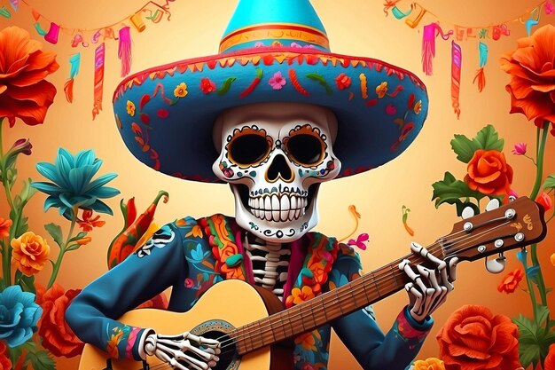 Cinco de mayo with guitar playing skeleton Mexican party Mexico Latin fiesta decorative invitation