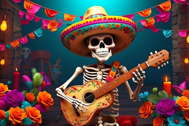 Cinco de mayo with guitar playing skeleton Mexican party Mexico Latin fiesta decorative invitation