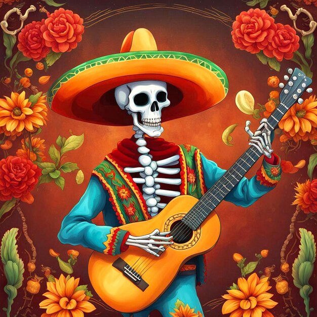 Cinco de mayo with guitar playing skeleton Mexican party Mexico Latin fiesta decorative invitation