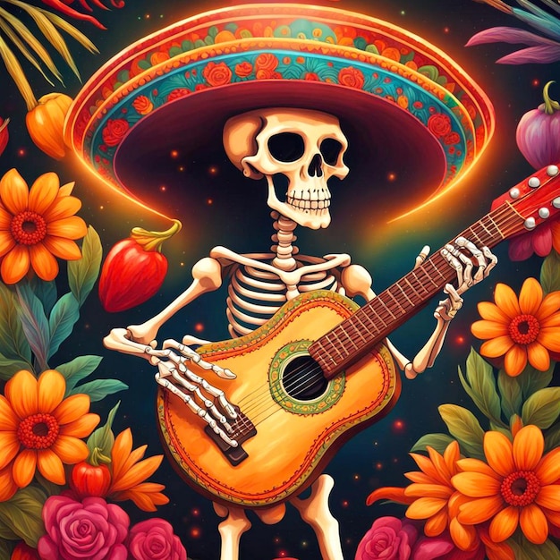 Cinco de mayo with guitar playing skeleton Mexican party Mexico Latin fiesta decorative invitation