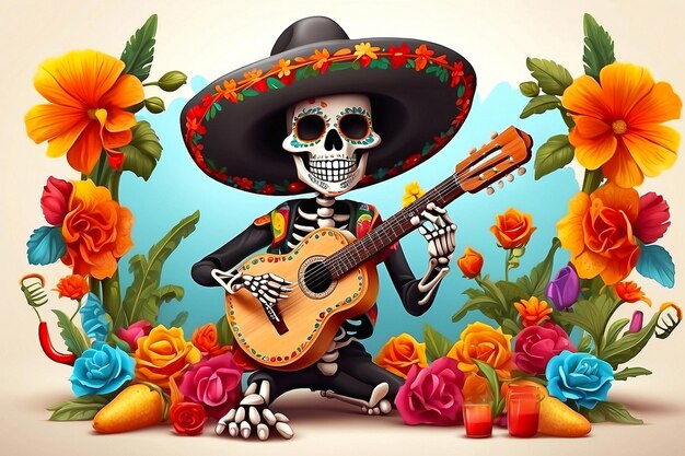 Cinco de mayo with guitar playing skeleton Mexican party Mexico Latin fiesta decorative invitation