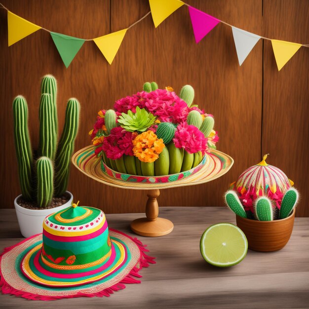 Cinco de Mayo with a vibrant Mexican cactus and festive sombrero hat