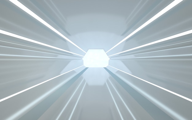 Cinema 4D background rendering of a hexagon tunnel with white lights for a display mockup