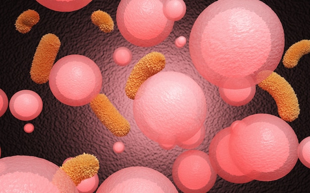 Cinema 4d rendering of illustration of a virus that attacks red blood cells