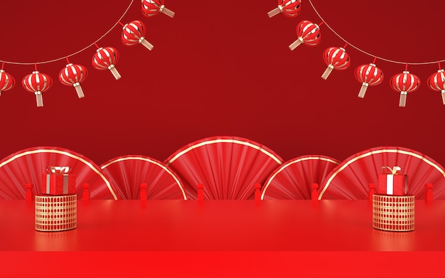 Cinema 4d rendering of a red background platform with chinese style decorations