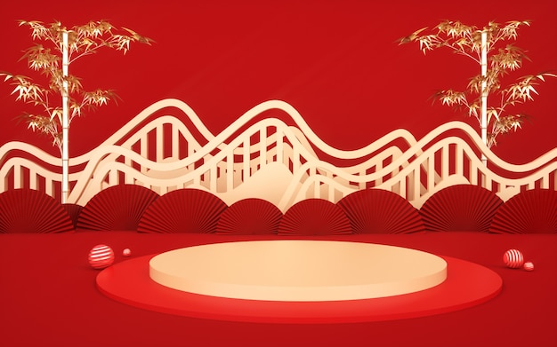 Cinema 4d rendering of a red background platform with chinese style decorations