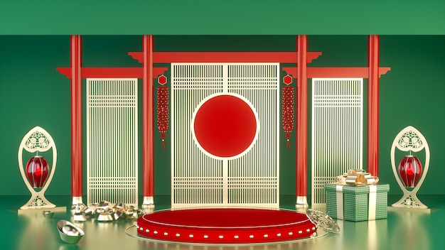 Cinema 4d rendering of a red background platform with chinese style decorations