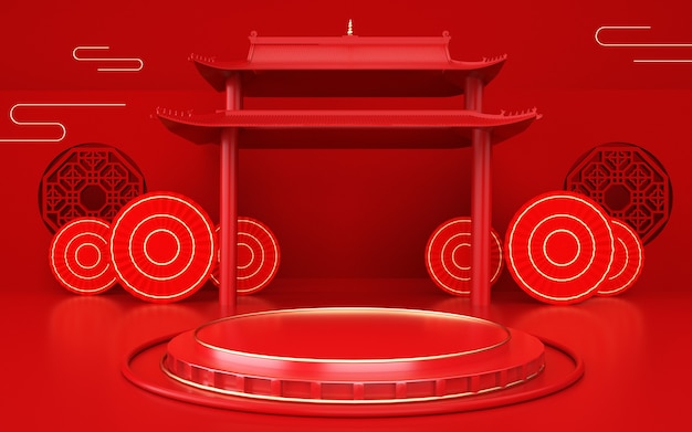 Cinema 4D rendering of a red background platform with Chinese style decorations