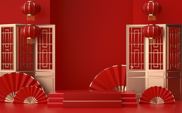 Cinema 4D rendering of a red background platform with Chinese style decorations