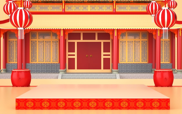 Cinema 4d rendering of a red background platform with chinese style decorations