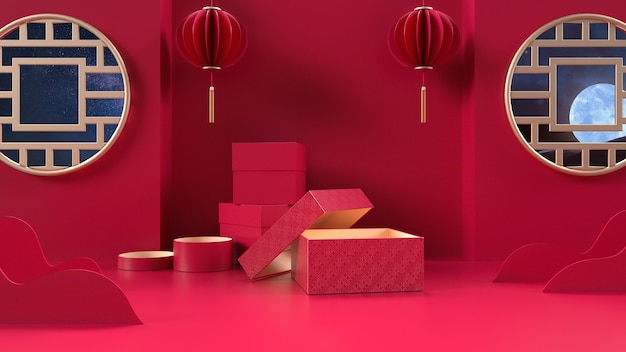 Cinema 4D rendering of red background with Chinese style gift box