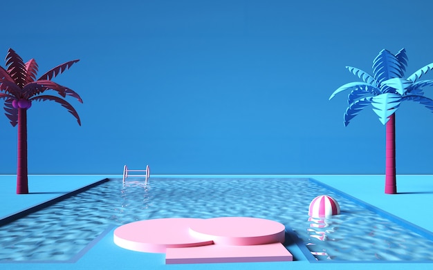 cinema 4d rendering of summer  background with swimming pool and podium for advertising product