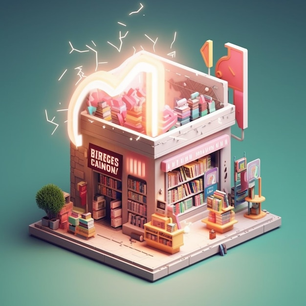 cinema 4d style Bookstore bold use of color white background soft lightning