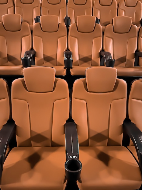 Cinema and entertainment empty brown movie theatre seats for tv show streaming service and film industry production