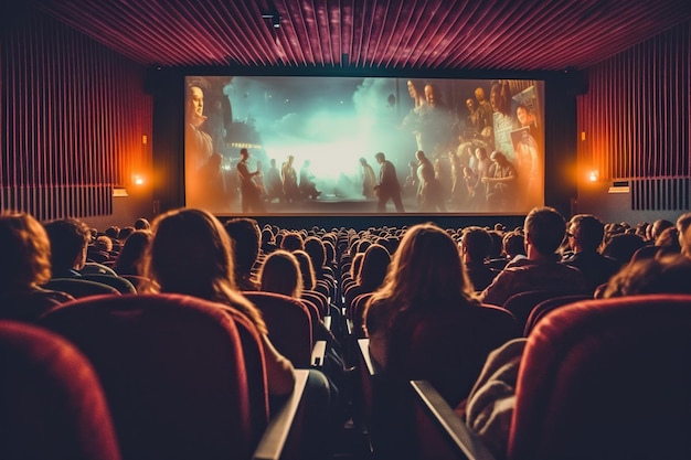 The cinema hall is full of spectators a film is being shown on the screen view from behind Generative AI