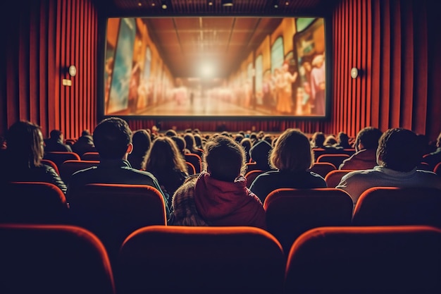 The cinema hall is full of spectators a film is being shown on the screen view from behind Generative AI